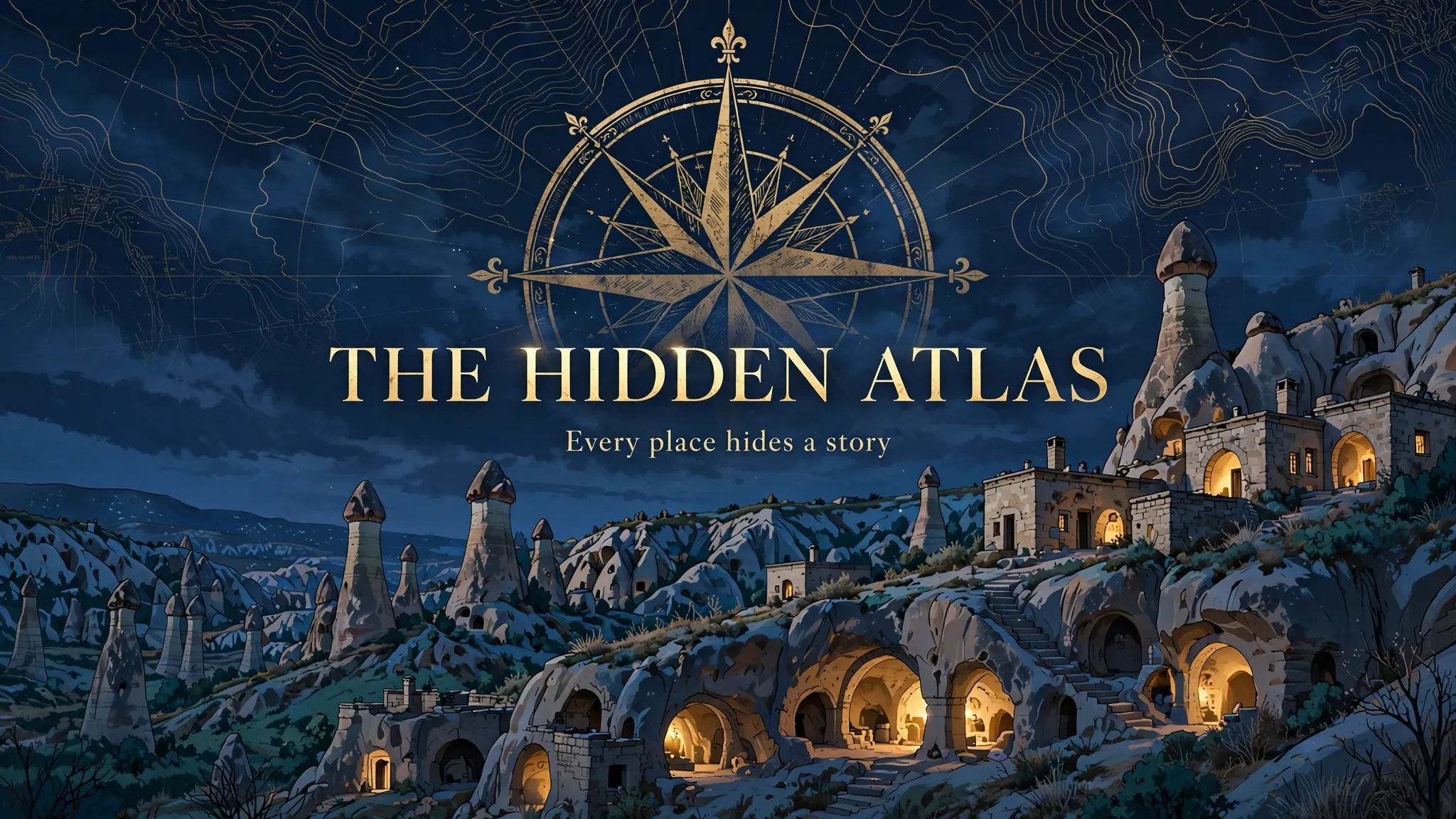 The Hidden Atlas Series — animated mystery series banner artwork of Cappadocia at dusk with a gold compass rose